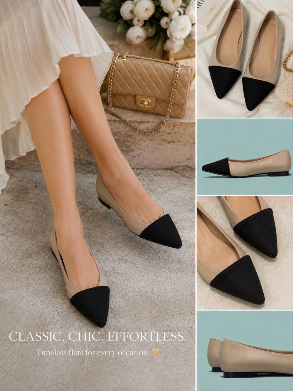 NEW Beige Black Cap Toe Pointed Flats Chic Ballet Shoes Women’s Size 8